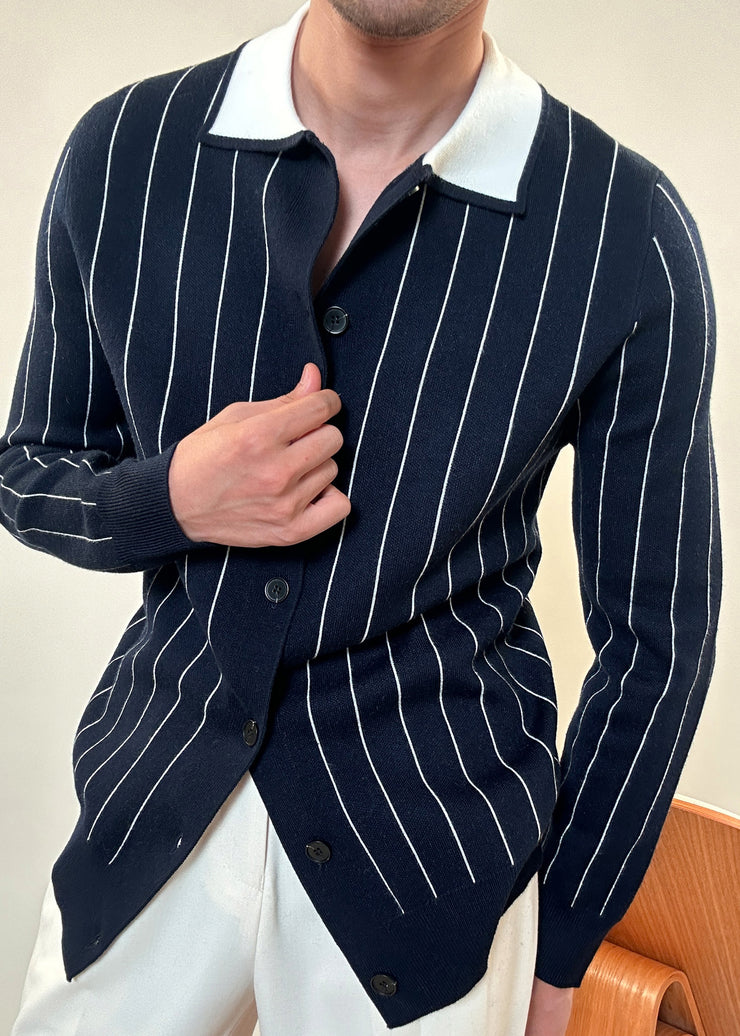 French Navy Peter Pan Collar Striped Button Knit Men Cardigan Winter