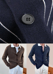 French Navy Peter Pan Collar Striped Button Knit Men Cardigan Winter
