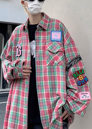 French Navy Plaid Pockets Cotton Shirt Men Spring
