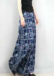French Navy Print Pockets Oversized Cotton Wide Leg Pants Summer