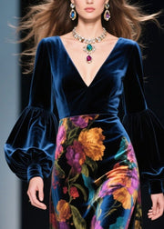 French Navy Print Side Open Silk Velvet Long Dress Spring