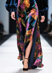 French Navy Print Side Open Silk Velvet Long Dress Spring