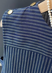 French Navy Striped Wrinkled Cotton Mid Dress Sleeveless