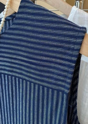 French Navy Striped Wrinkled Cotton Mid Dress Sleeveless