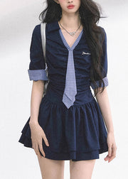 French Navy V Neck Cotton Mini Dress Half Sleeve