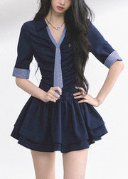 French Navy V Neck Cotton Mini Dress Half Sleeve