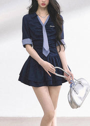 French Navy V Neck Cotton Mini Dress Half Sleeve