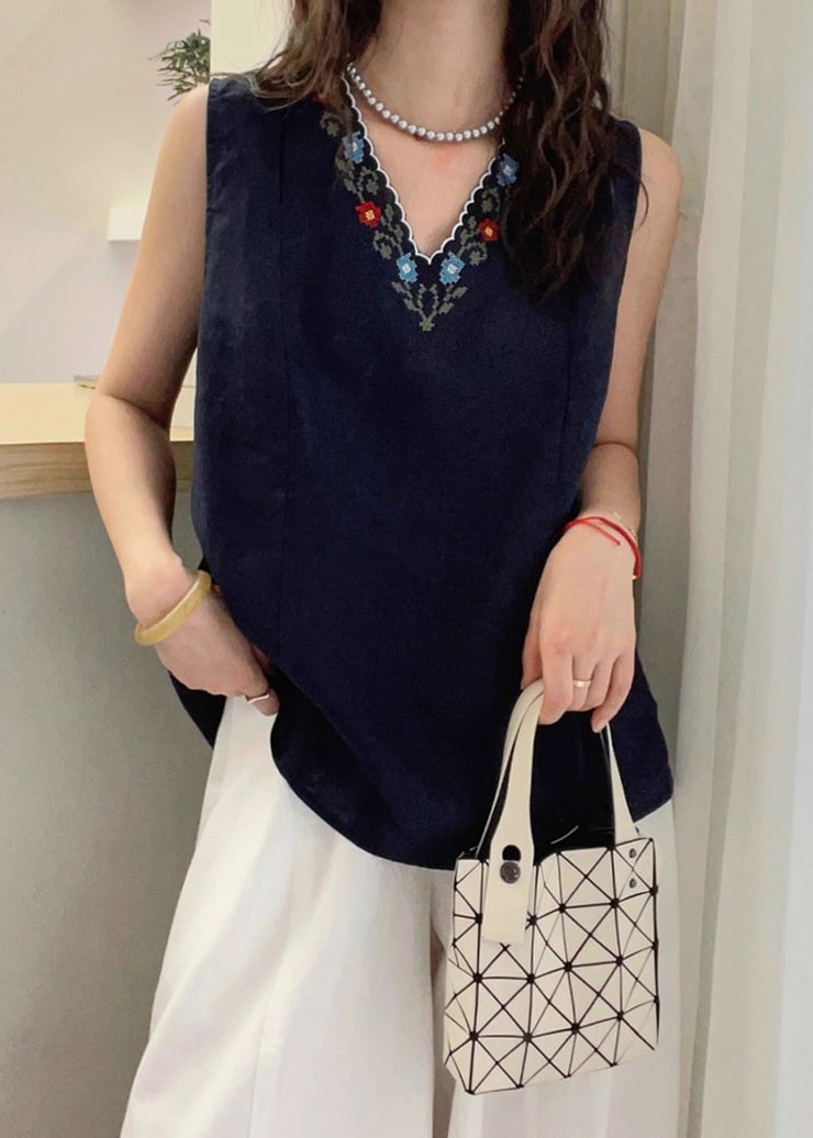 French Navy V Neck Embroidered Cotton Tops Sleeveless