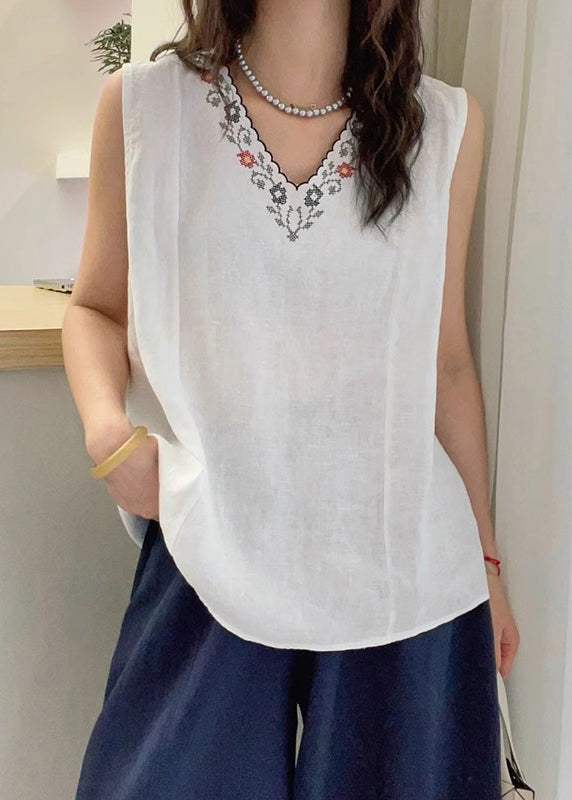 French Navy V Neck Embroidered Cotton Tops Sleeveless