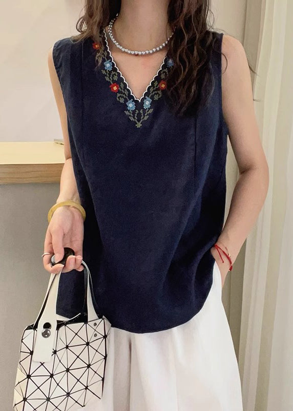 French Navy V Neck Embroidered Cotton Tops Sleeveless