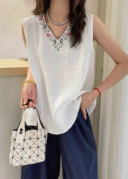 French Navy V Neck Embroidered Cotton Tops Sleeveless