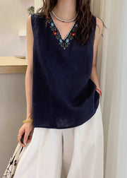 French Navy V Neck Embroidered Cotton Tops Sleeveless