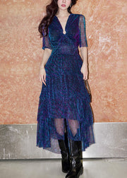 French Navy V Neck High Waist Silk Long Dress Summer