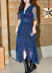 French Navy V Neck High Waist Silk Long Dress Summer