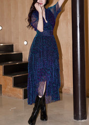 French Navy V Neck High Waist Silk Long Dress Summer