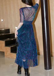 French Navy V Neck High Waist Silk Long Dress Summer