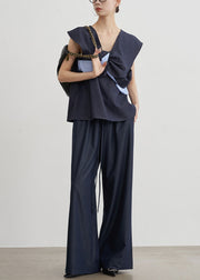 French Navy V Neck Original Design Cotton Two Piece Set Summer