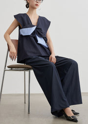 French Navy V Neck Original Design Cotton Two Piece Set Summer