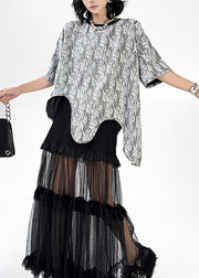French O Neck Asymmetrical Design Lace T Shirt Tops Summer