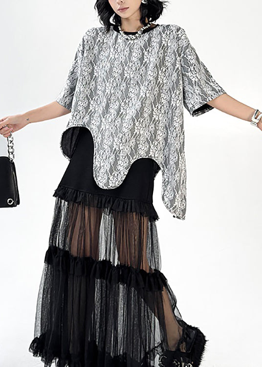 French O Neck Asymmetrical Design Lace T Shirt Tops Summer