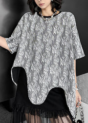French O Neck Asymmetrical Design Lace T Shirt Tops Summer