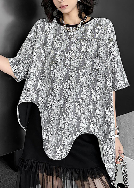 French O Neck Asymmetrical Design Lace T Shirt Tops Summer
