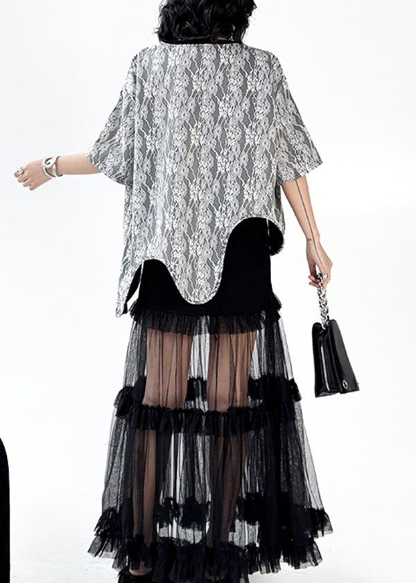 French O Neck Asymmetrical Design Lace T Shirt Tops Summer