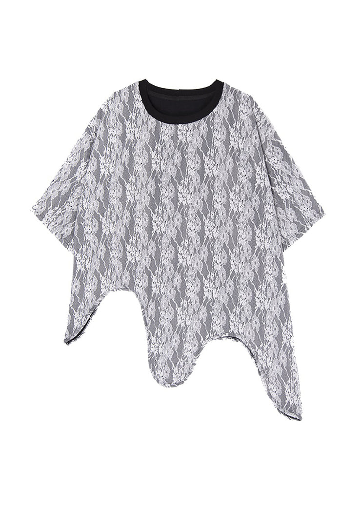 French O Neck Asymmetrical Design Lace T Shirt Tops Summer