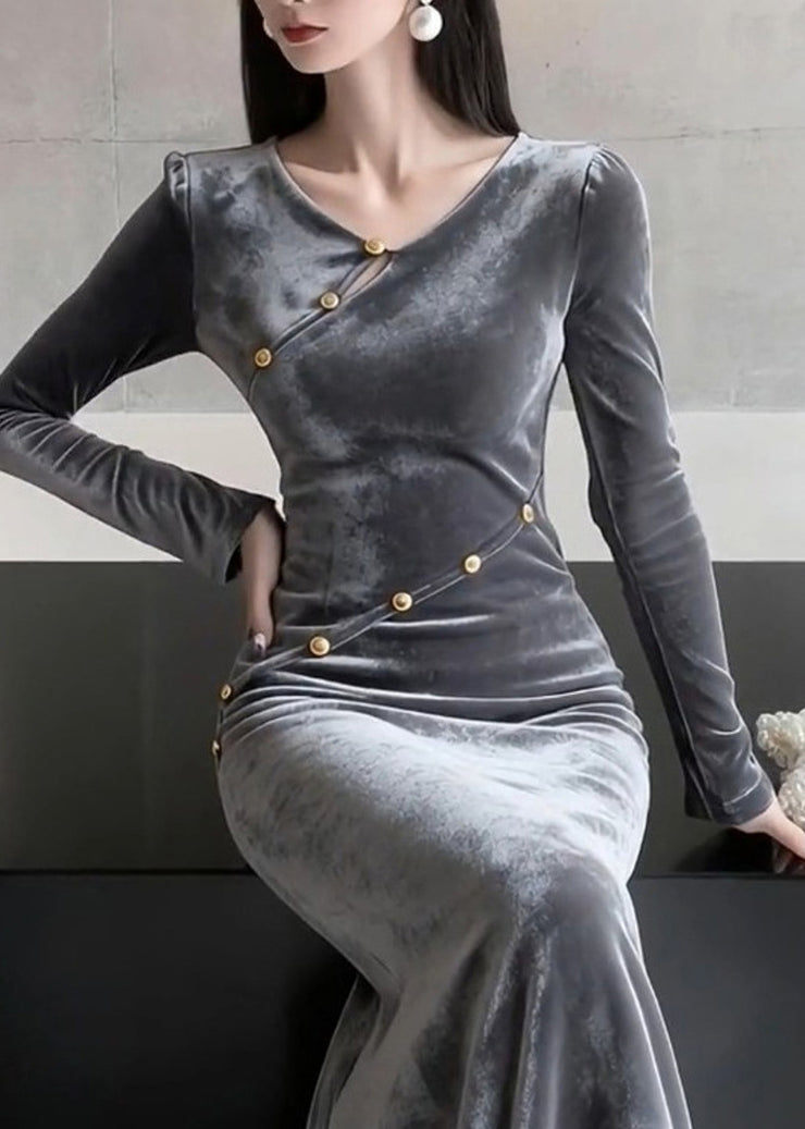 French O Neck Patchwork Slim Fit Velvet Dress Fall
