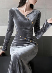 French O Neck Patchwork Slim Fit Velvet Dress Fall