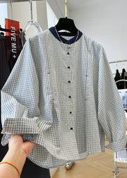 French O Neck Plaid Button Cotton Shirts Top Fall