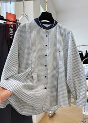 French O Neck Plaid Button Cotton Shirts Top Fall