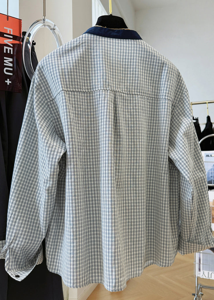 French O Neck Plaid Button Cotton Shirts Top Fall