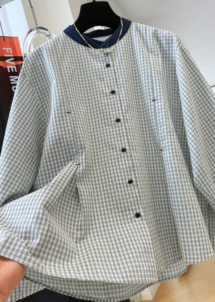 French O Neck Plaid Button Cotton Shirts Top Fall