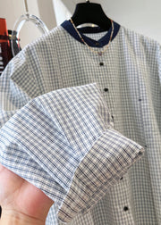 French O Neck Plaid Button Cotton Shirts Top Fall