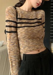 French O Neck Striped Knit Short Sweater Flare Sleeve