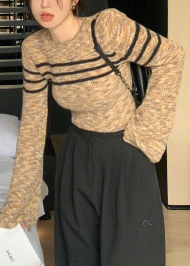 French O Neck Striped Knit Short Sweater Flare Sleeve