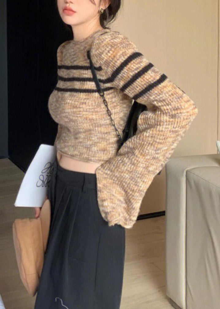 French O Neck Striped Knit Short Sweater Flare Sleeve