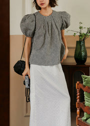 French O-Neck Wrinkled Puff Sleeve Plaid Cotton Top