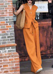 French Orange Nail Bead Waistcoat And Pants Linen Two Pieces Set Sleeveless