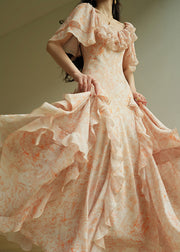 French Orange O-Neck Ruffled Maxi Dresses Summer