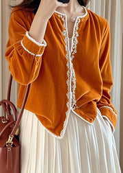 French Orange O-Neck Silk Velour Shirts Lace Patchwork Fall