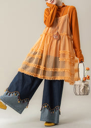 French Orange Ruffled Spaghetti Strap Dress Cotton T Shirt And Denim Pants 3 Pieces Set Fall