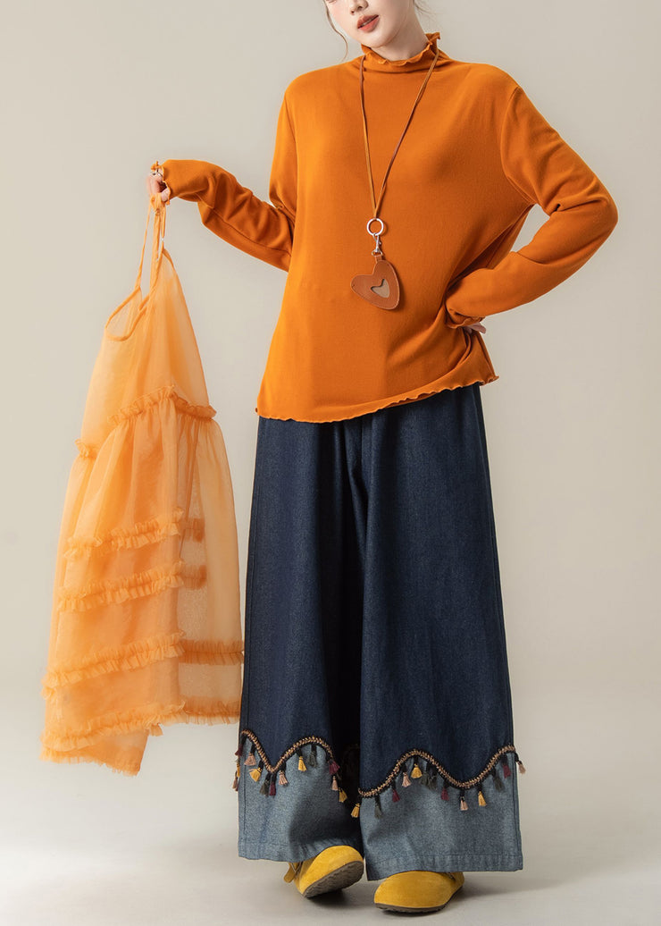 French Orange Ruffled Spaghetti Strap Dress Cotton T Shirt And Denim Pants 3 Pieces Set Fall