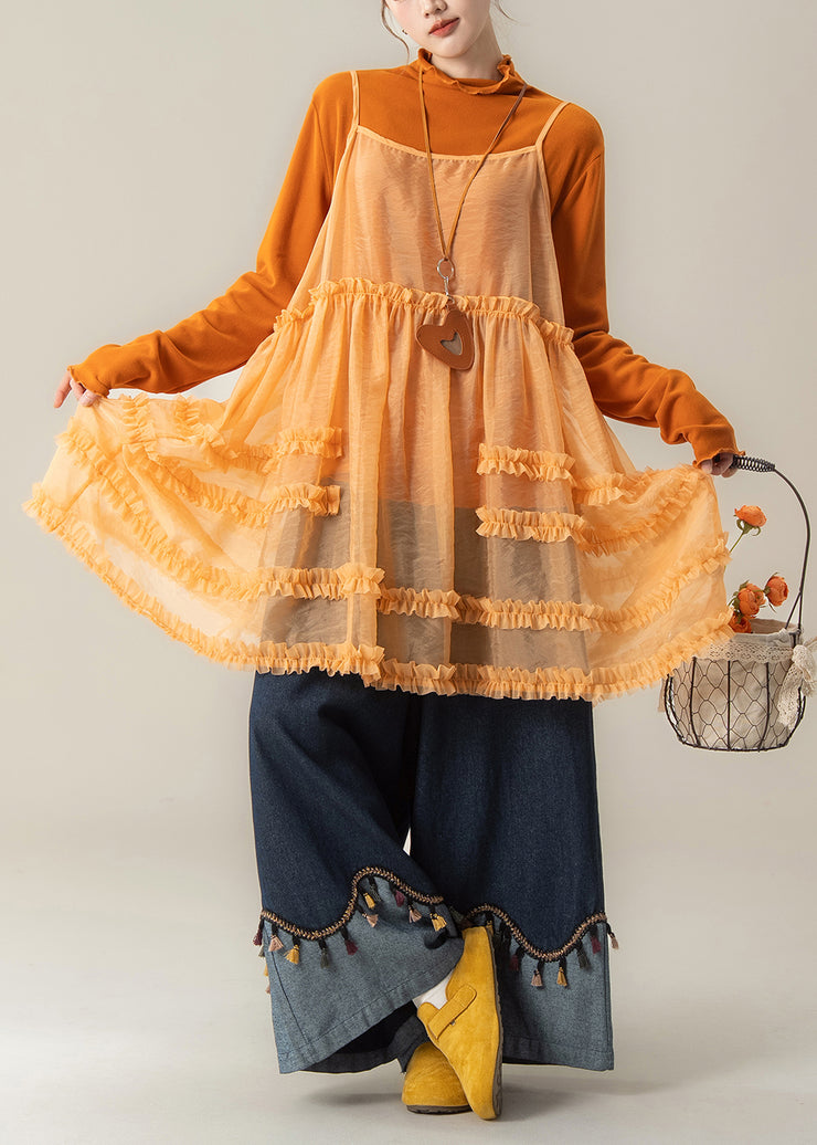 French Orange Ruffled Spaghetti Strap Dress Cotton T Shirt And Denim Pants 3 Pieces Set Fall