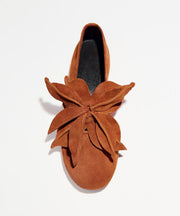 French Orange Suede Women Splicing Floral Flats