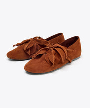 French Orange Suede Women Splicing Floral Flats