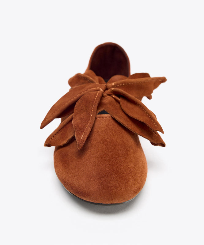 French Orange Suede Women Splicing Floral Flats