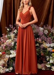 French Orange V Neck Floral Tie Waist Cotton Spaghetti Strap Dress Sleeveless
