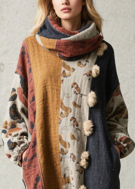 French Oversized Patchwork Fuzzy Ball Decorated Long Dresses Fall